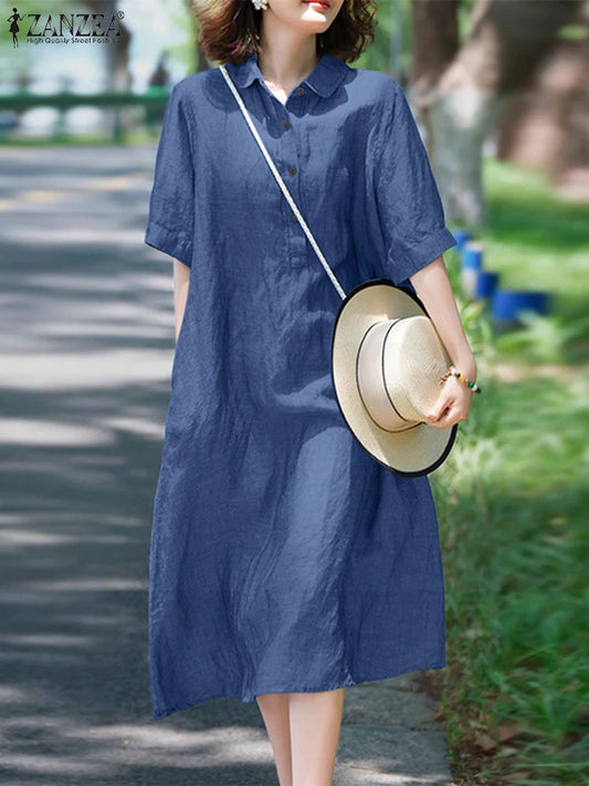 ZANZEA Women Fashion Shirt Dress 2025 Summer Sundress Lapel Neck Short Sleeve OL Work Dresses Casual Buttons Midi Vestidos Robe