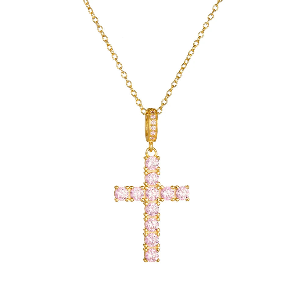 925 Silver Hip Hop Cross Necklace for Women Trendy Lightweight Pink Zircon Pendant Clavicle Chain Fashion Jewelry Accessory