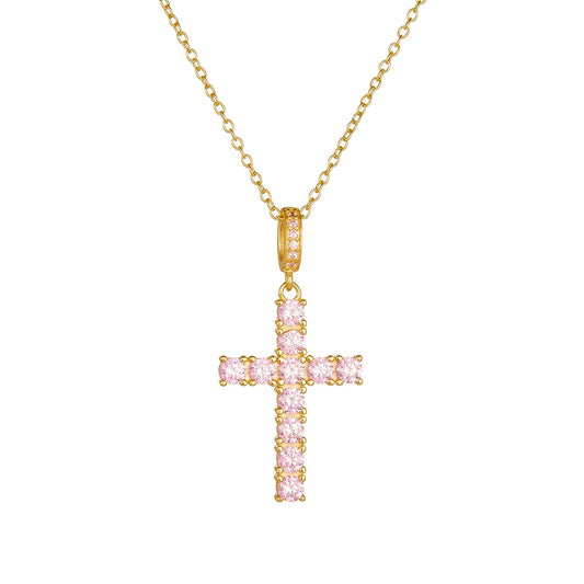 925 Silver Hip Hop Cross Necklace for Women Trendy Lightweight Pink Zircon Pendant Clavicle Chain Fashion Jewelry Accessory