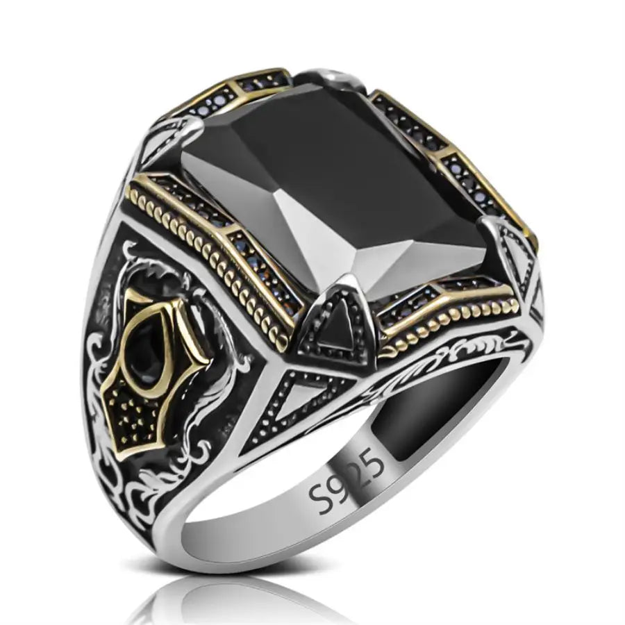 オリジナル925スターリングシルバーの圧倒的なトルコ風デザインメンズリング、ブラックキュービックジルコニアストーン付き