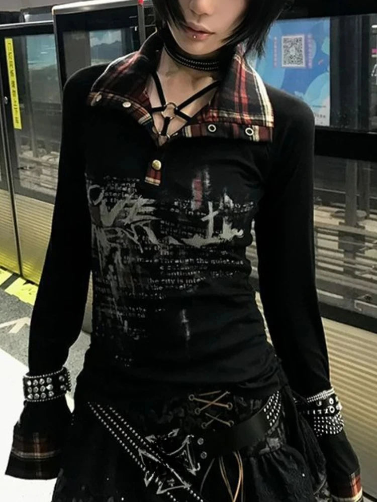 American Vintage Print T-shirt Women Aesthetic Punk Design Long Sleeve Gothic Y2k Tops Subculture Casual Retro Harajuku Tees