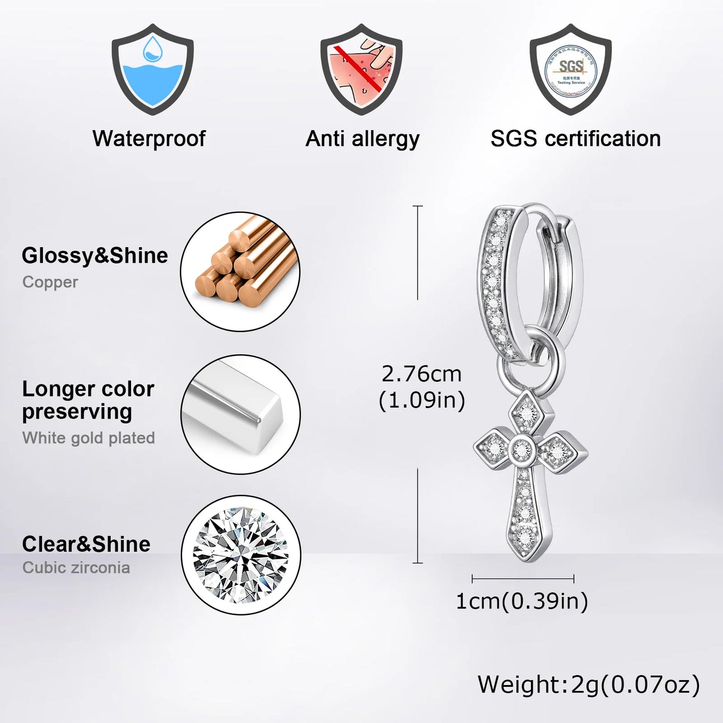 Vnox クロスペンダントフープイヤリング メンズ ボーイズ 27.6mm シルバーカラー 銅ジルコン パンクジュエリー ゴシックスタイル 誕生日パーティーギフト