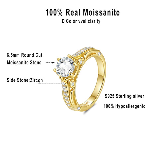 Luxury Moissanite Rings Woman Jewelry 6.5mm D VVS1 Sterling Silver 925 Ring GRA 18K Gold Plated Engagement Wedding Party Gift