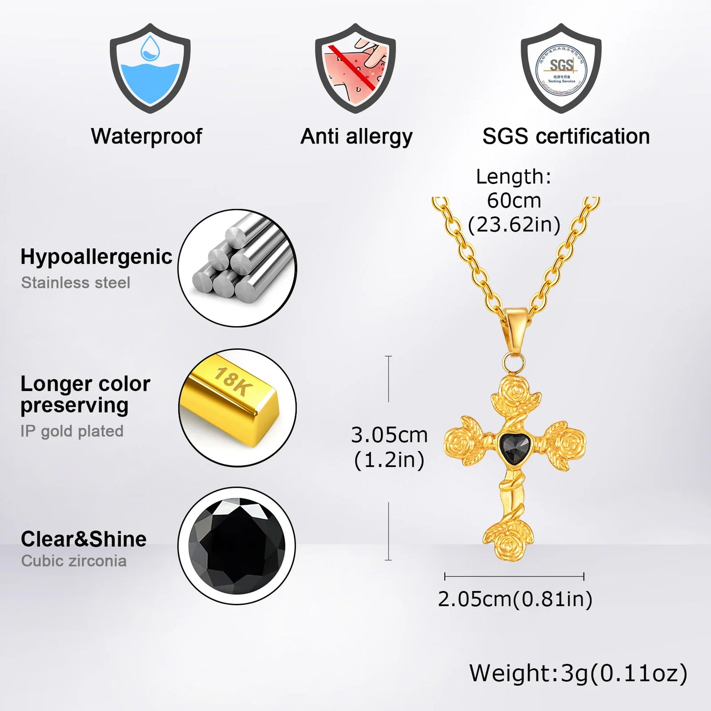  Fashion Heart Zircon Rose Flower Cross Pendant Necklace for Men Women, Gold Plated Stainless Steel Necklace,Aesthetic Jewelry