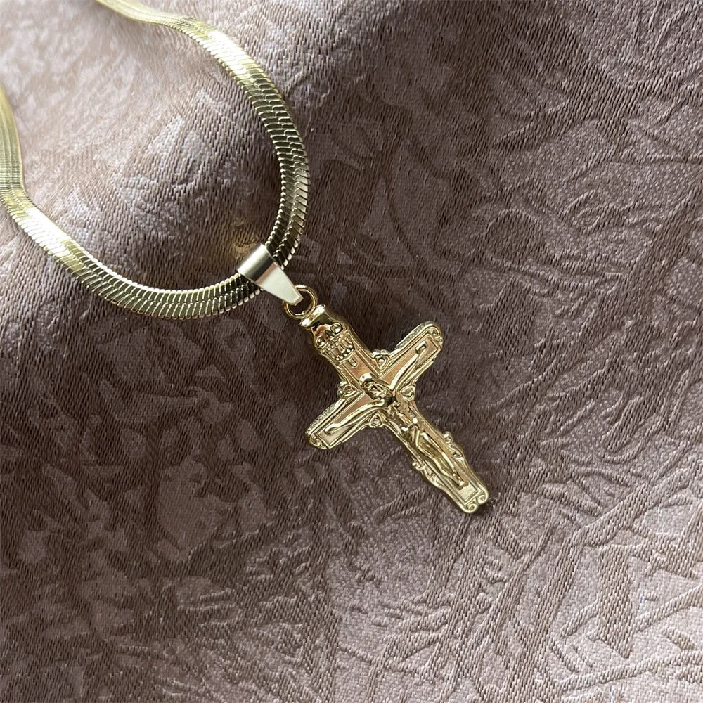 キリスト教イエス十字架ネックレス レディース メンズ ステンレススチールチェーン チョーカー 宗教的十字架ペンダント ジュエリー 祈り 洗礼ギフト