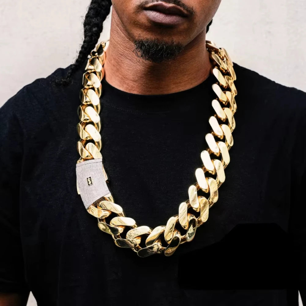 チャンキーキューバンリンクチェーンネックレス 18Kゴールドメッキ - 20mm マイアミヒップホップチョーカー カスタムジュエリー メンズ レディース