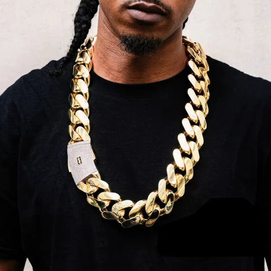 チャンキーキューバンリンクチェーンネックレス 18Kゴールドメッキ - 20mm マイアミヒップホップチョーカー カスタムジュエリー メンズ レディース