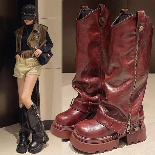 Women's Boots 2025 New Style Retro High Western Boots for Autumn and Winter Fashion Versatile Female Knight Boots