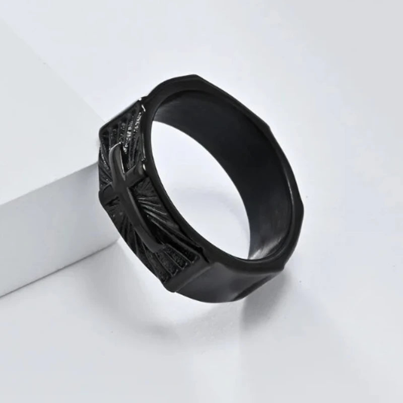 ヴィンテージ ホーリーライト クロスリング メンズ ステンレススチール タリスマンリング 宗教的信仰ジュエリー イースター ハロウィン 感謝祭ギフト