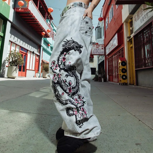 Y2K Fashion Street Vintage Hip Hop Oversized Pattern Embroidered Baggy Jean Men Harajuku Rock Straight High Waist Wide Leg Pants