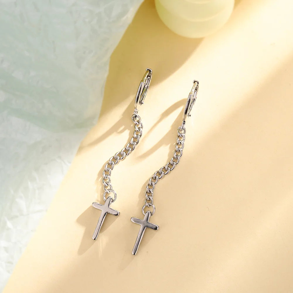 リアルマネー 925 スターリングシルバー ロングタッセル クロスライン フープピアス レディース ウェディングパーティーギフト ジュエリー