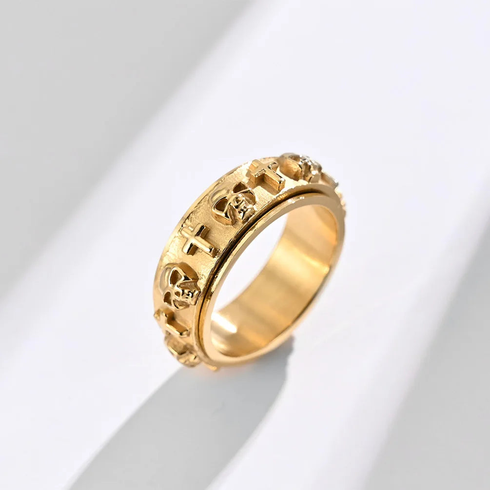 シルバー/ブラック/ゴールドメッキ ゴシック スカル クロス スピナーリング メンズ レディース ステンレススチール フィジェットリング 不安解消 結婚指輪