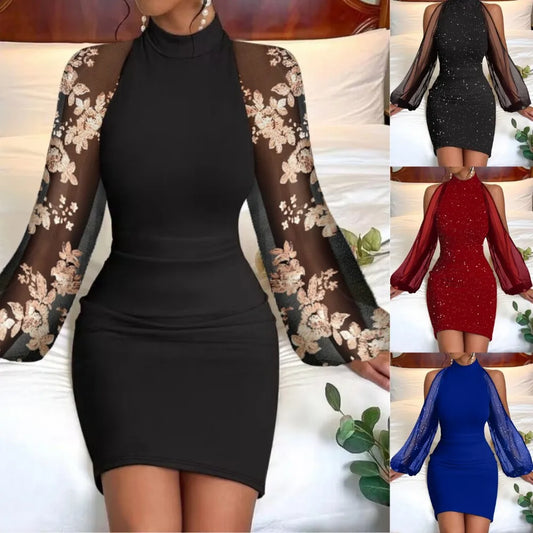 Autumn and Winter Women's Fashion Black Lace Long sleeved Wrapped Hip Waist Dresses Elegant Round Neck Off Shoulder Mini Dress