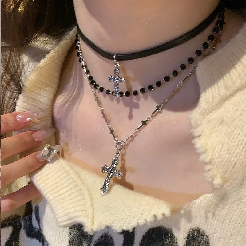 パンククロスチェーンダブルレイヤーネックレス メンズ レディース Y2K ファッショントレンド ロック パーティー グランジ EMO アクセサリー