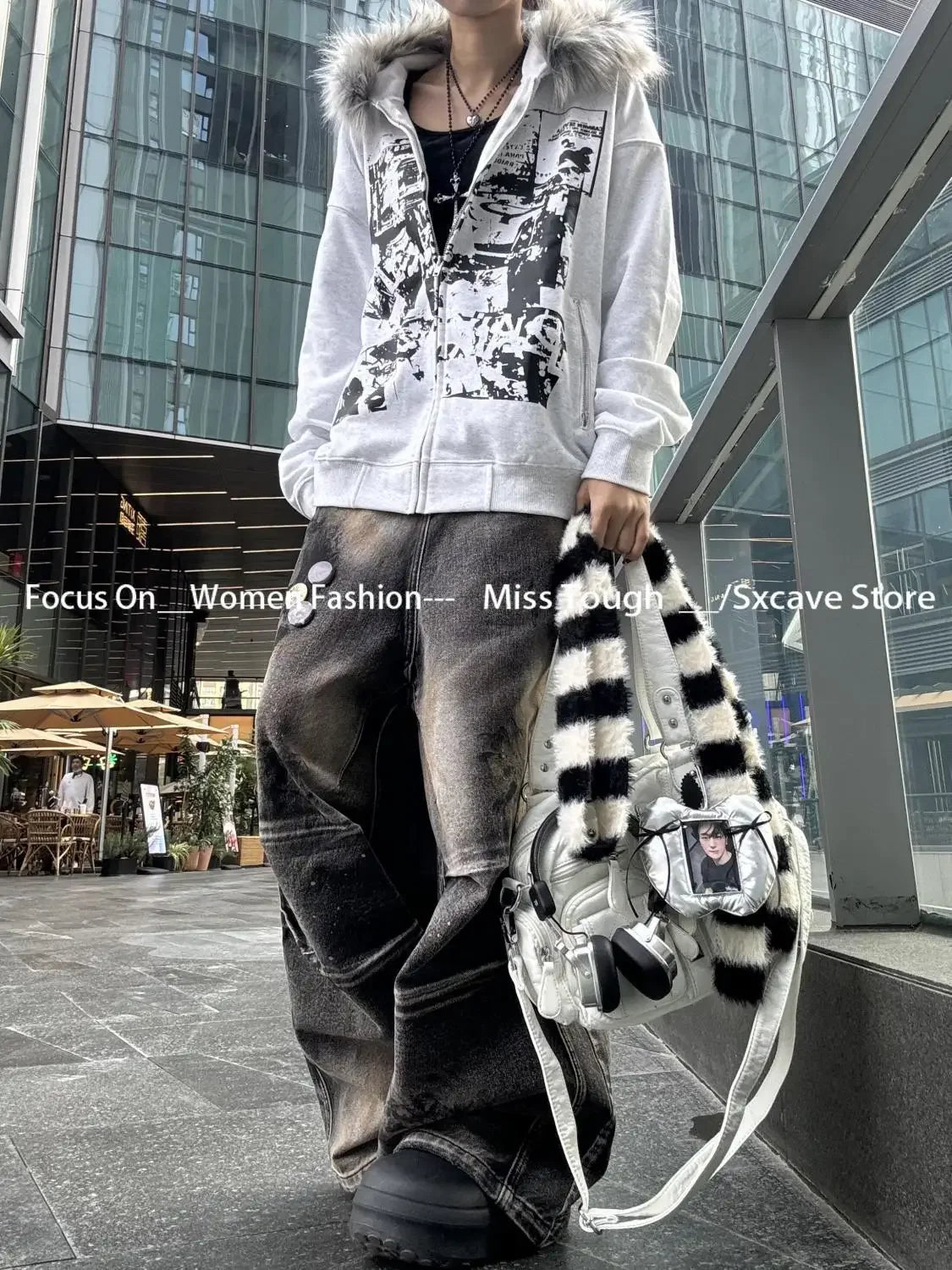 サブカルチャーゴシックコート、フード付き原宿プリントジャケット、2000年代アメリカンヴィンテージフェイクファースウェットシャツ、レディースカジュアルY2Kシック