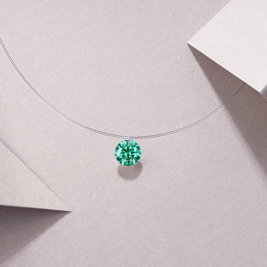 JIUZUAN 2ct Aqua Blue Moissanite Necklace S925 Silver Invisible Wire Pendant for Women Minimalist Elegant Daily Wear Necklace
