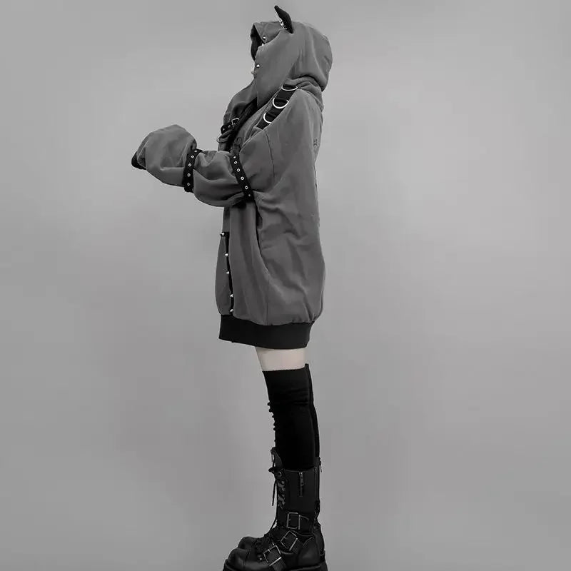 ストリートウェア 原宿系 パーカー ジャケット レディース フード付き パンク ジッパーコート 日本製 リベットプリント ファッション カジュアル Y2K スウェットシャツ