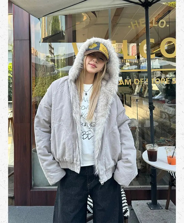 アメリカンレトロファーカラーフード付きジャケット レディース Y2K ストリートウェア 冬物 新作 ベルベット 厚手 暖かい 原宿系 ゆったり カジュアル ジャケット