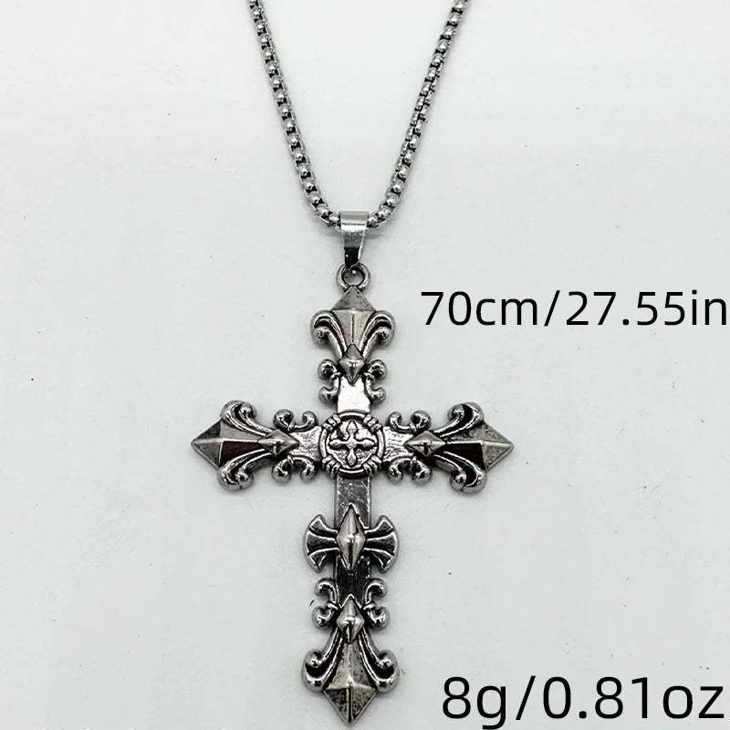 1ピース ファッショナブルなクロス ゴシックメタル アンティークシルバーカラー ペンダントネックレス 男女兼用 70cm
