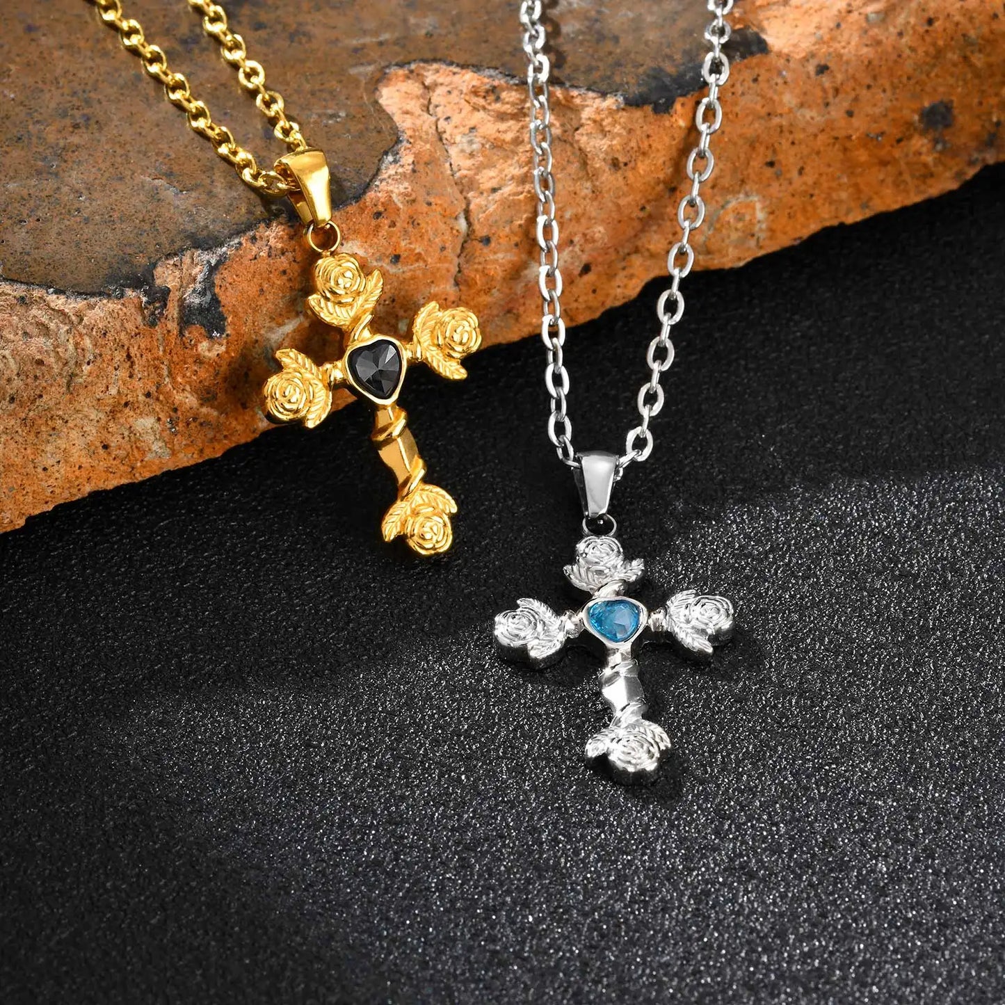  Fashion Heart Zircon Rose Flower Cross Pendant Necklace for Men Women, Gold Plated Stainless Steel Necklace,Aesthetic Jewelry