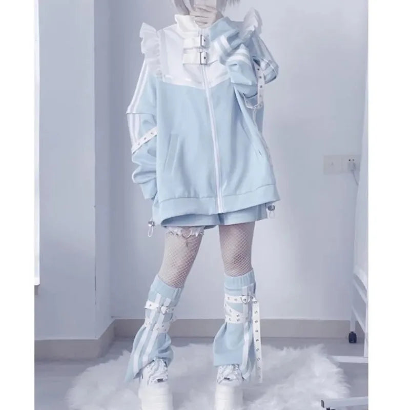日本のサブカルチャーステッチパッチワークパーカー レディース 2024年秋 フリルエッジ 原宿系 Y2K パーカー 2000年代風 ルーズジッパー スウェットシャツ