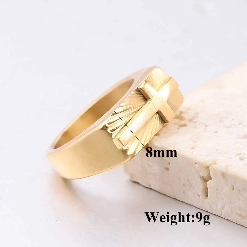 男性用ステンレススチール製クロスリング。シルバーとゴールドトーン、美しいサンバーストパターン。