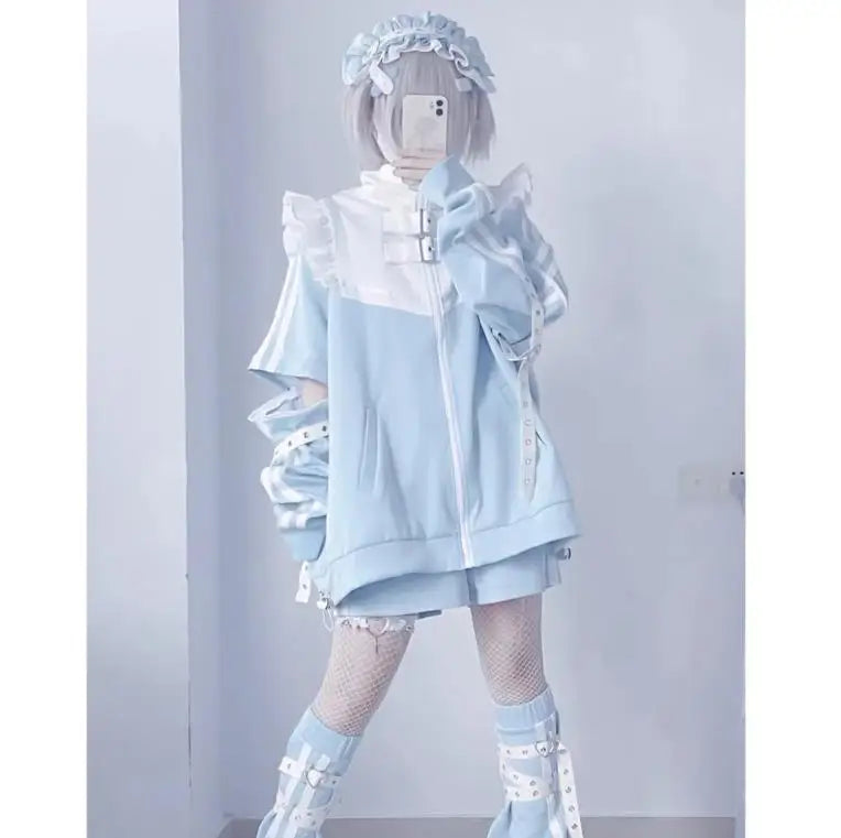 日本のサブカルチャーステッチパッチワークパーカー レディース 2024年秋 フリルエッジ 原宿系 Y2K パーカー 2000年代風 ルーズジッパー スウェットシャツ