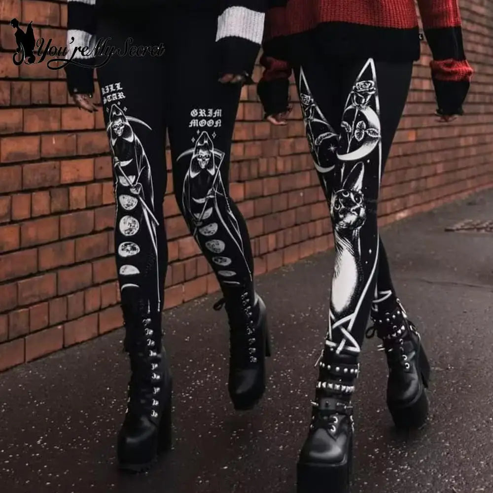 [You're My Secret] Gothic Leggings For Women Ouija Workout Yoga Trousers Pants Dark Black Cat Skull Leggins Devil Satan Leggings