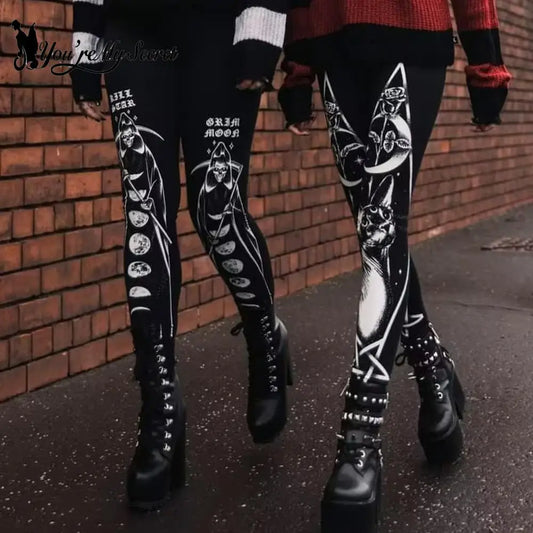 [You're My Secret] Gothic Leggings For Women Ouija Workout Yoga Trousers Pants Dark Black Cat Skull Leggins Devil Satan Leggings