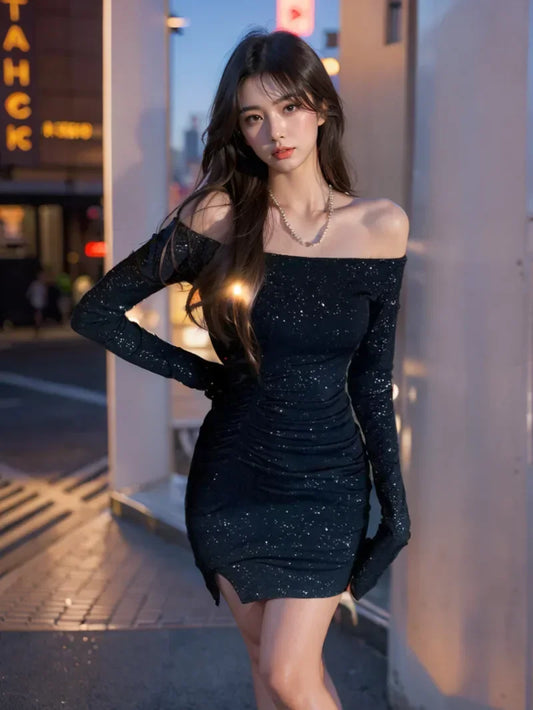 One Shoulder Dress Elegant Female Slim Diamond Long Sleeve Irregular Sexy Hot Girl Short Spring Autumn Black Sweater Dress