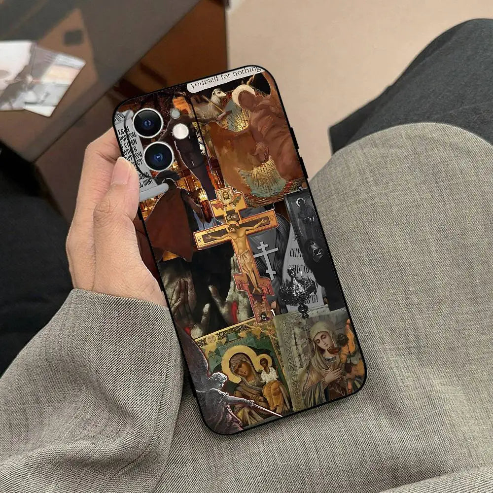 正教会の十字架アイコン教会電話ケース ブラック iPhone 17/16/15/13/14 Pro Max/ 11Plus/X/Xr/Xs Max 13mini用