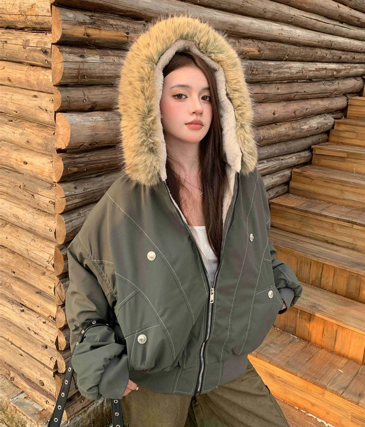 ZAROY レディース&amp;メンズ 冬用ジャケット Y2K ストリートウェア ファーカラー フード付き カジュアル ルーズコート 暖かい 原宿系 パーカー ゴシック パーカー куртк