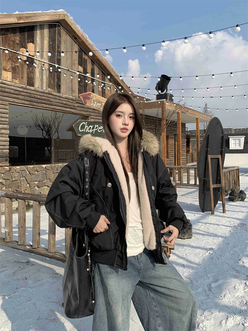 ZAROY レディース&amp;メンズ 冬用ジャケット Y2K ストリートウェア ファーカラー フード付き カジュアル ルーズコート 暖かい 原宿系 パーカー ゴシック パーカー куртк