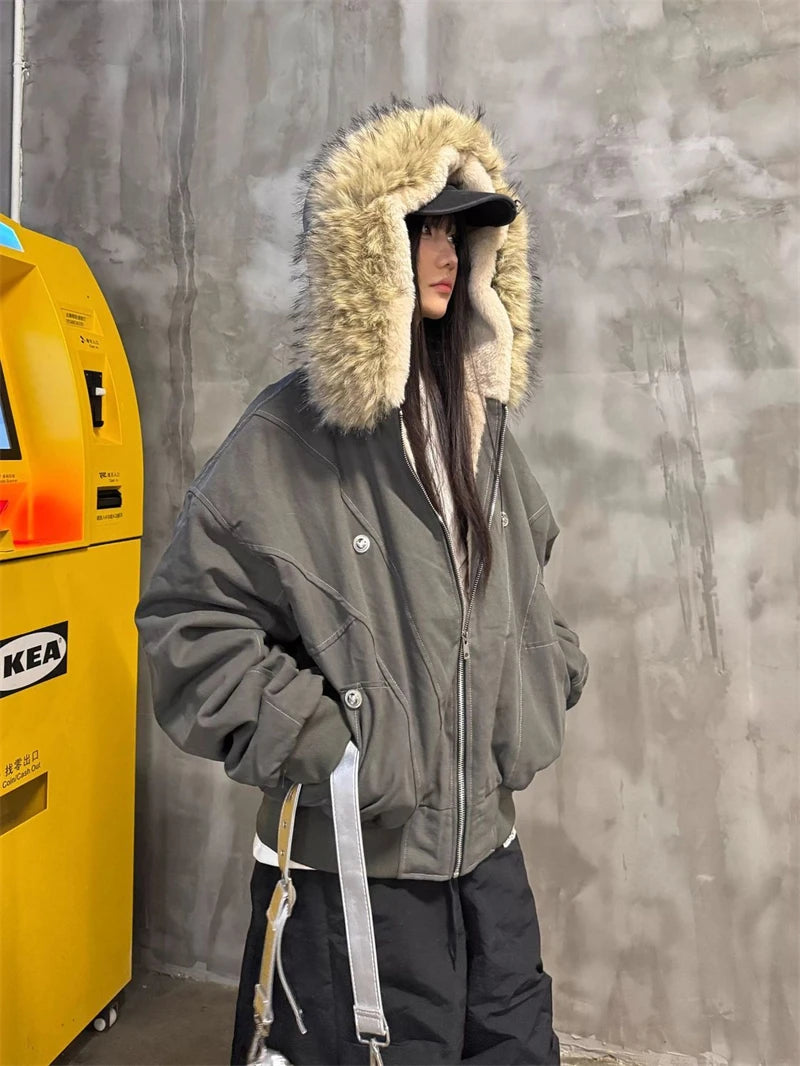 ZAROY レディース&amp;メンズ 冬用ジャケット Y2K ストリートウェア ファーカラー フード付き カジュアル ルーズコート 暖かい 原宿系 パーカー ゴシック パーカー куртк