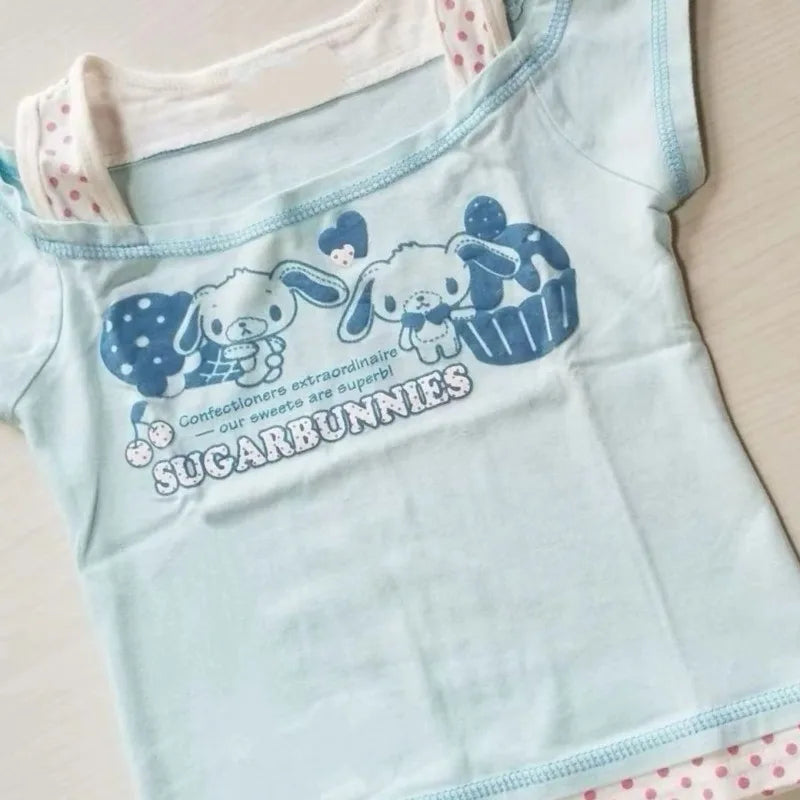 Y2K カジュアルウェア 夏 かわいい フェイクツーTシャツ 日本のサブカルチャー 漫画プリントTシャツ レディース スイートキュート 原宿系 クロップトップス