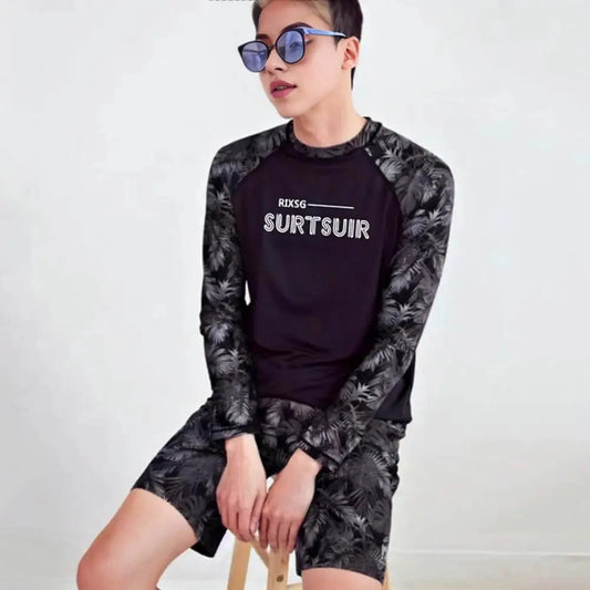 2 Pcs Couple Sport Swimsuit Breathable Leaf Print Long Sleeves Couple Surfing Clothes Diving Bathing Suit Water Sport Swimwear
