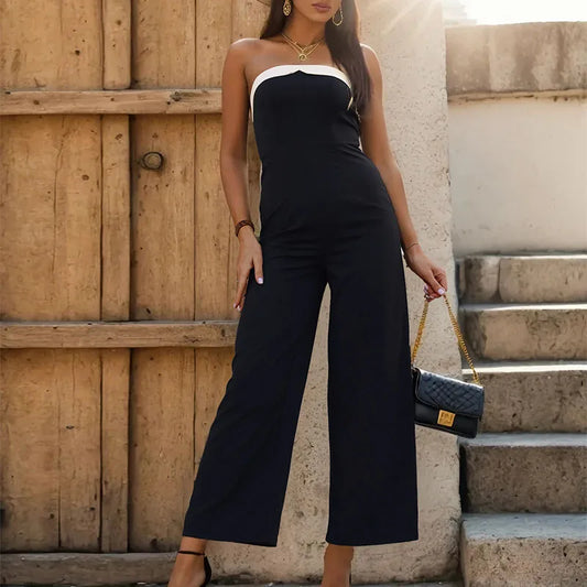 Women's Elegant Sleeveless Jumpsuits Summer High Waist Wide Leg Rompers Fashion Black White Splice Off Shoulder Party Playsuits