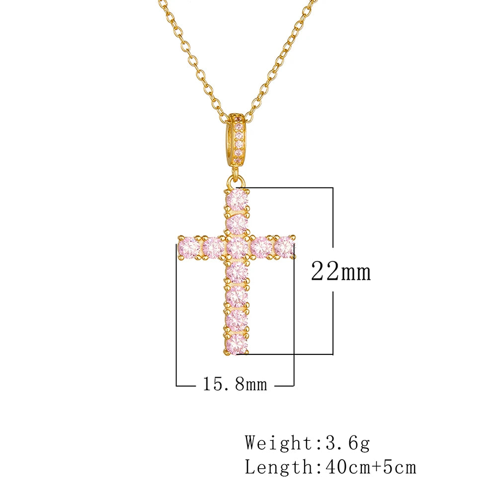 925 Silver Hip Hop Cross Necklace for Women Trendy Lightweight Pink Zircon Pendant Clavicle Chain Fashion Jewelry Accessory