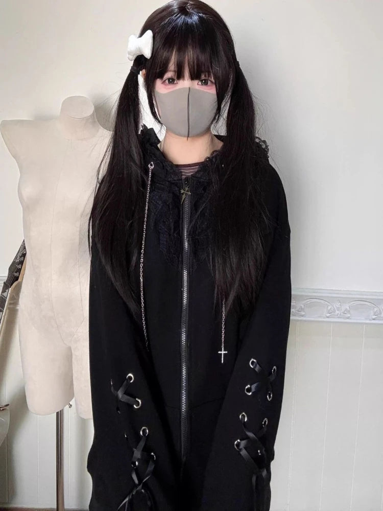 ゴシックサブカルチャーブラックレースルーズパーカーレディース秋美的愛らしい長袖フード付きコートカジュアル暖かい冬オーバーコート