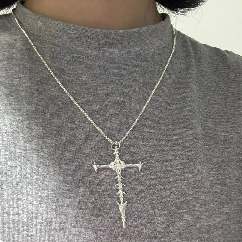 1/2Pcs Unisex Cross Pendant Necklace for Men Women Punk Silver Black Hip Hop Gothic Punk Long Pendant Necklace Jewelry Accessory
