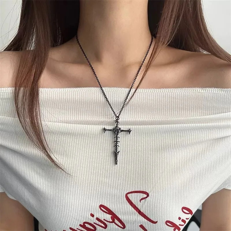 1/2Pcs Unisex Cross Pendant Necklace for Men Women Punk Silver Black Hip Hop Gothic Punk Long Pendant Necklace Jewelry Accessory