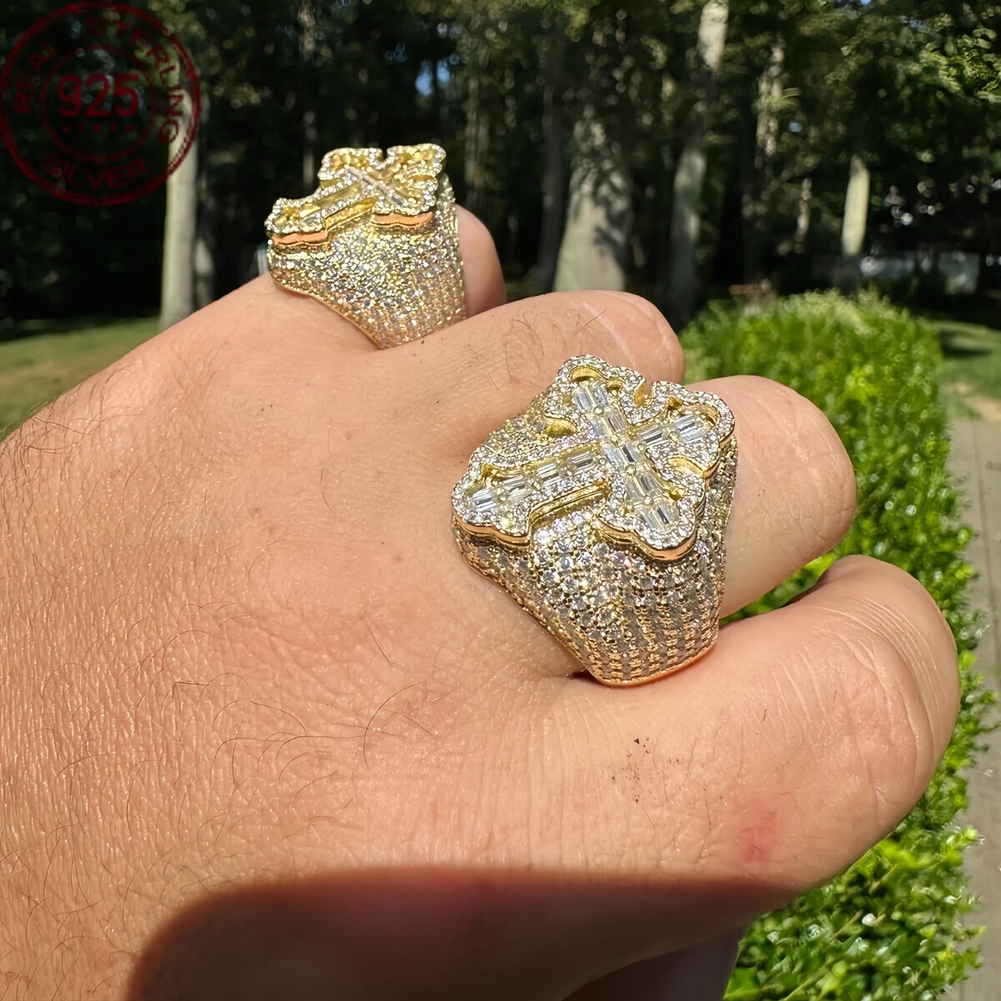 メンズ バゲット ゴールドメッキ 925 スターリングシルバー ゴシック クロスリング フルジルコン象嵌 高級 ヒップホップリング レトロジュエリー