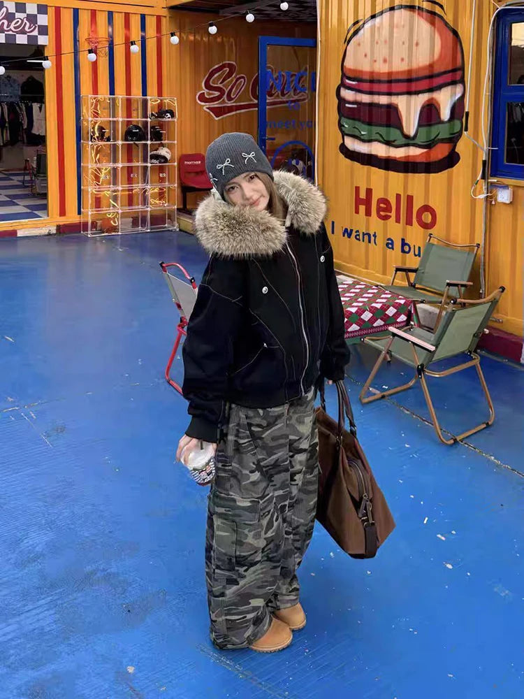 アメリカンスタイル レトロ ファーカラー イミテーションミンクファー フード付き コットンパッド入り ジャケット レディース&amp;メンズ ゴシック ヒップホップ カジュアル ジッパー パーカー