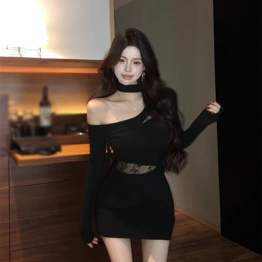 Women Slant Collar Strapless Asymmetric Long-sleeved Dress Korean Lace Splicing Sexy Mini Dress Black