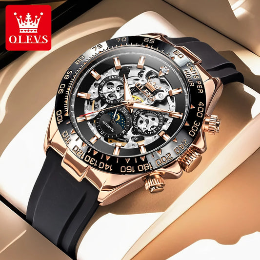OLEVS 6713 Men Mechanical Watch Hollow Dial Tourbillon Fashionable Business Sport Waterproof Date Moon Silicone Strap
