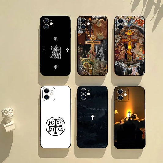 正教会の十字架アイコン教会電話ケース ブラック iPhone 17/16/15/13/14 Pro Max/ 11Plus/X/Xr/Xs Max 13mini用