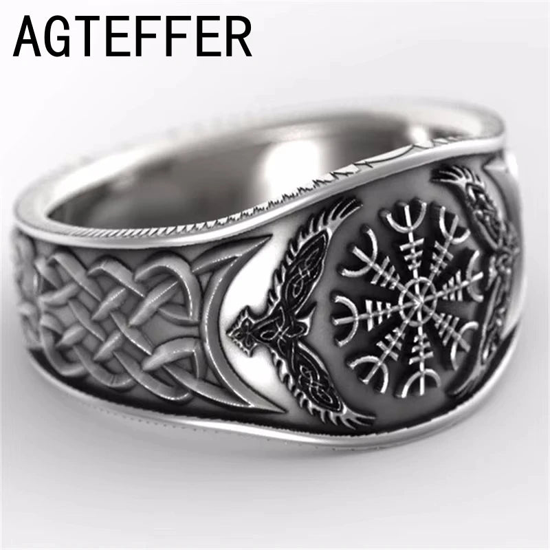 北欧神話の物語、バイキングケルトコンパス、レトロなグラフィティメッキS925タイシルバーリング（男性用）