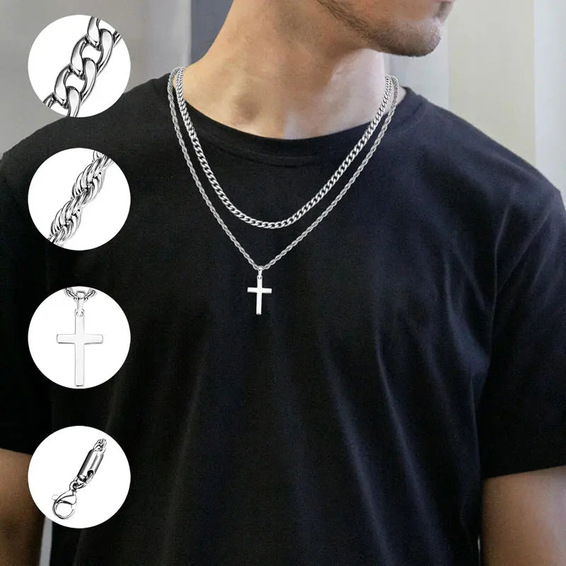 RAPRGOLD 925スターリングシルバークロスペンダントネックレス男女兼用ダブルレイヤーキューバロープチェーンファインジュエリーギフト