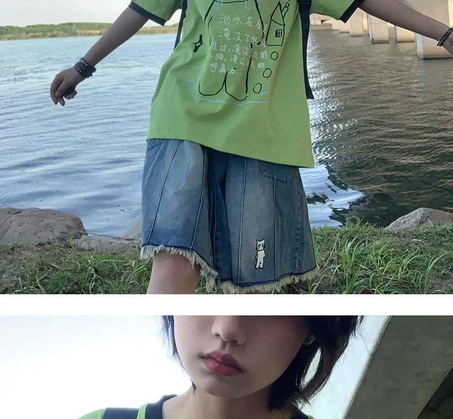日本のサブカルチャー かわいい猫プリント 半袖Tシャツ レディース 夏 ヴィンテージ グリーン カジュアル ゆったり スウィートガール Y2K トップス