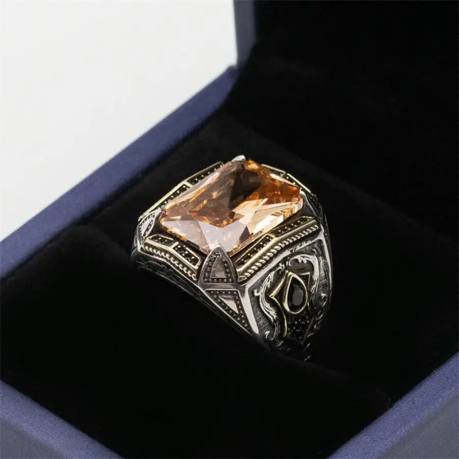 オリジナル925スターリングシルバーの圧倒的なトルコ風デザインメンズリング、ブラックキュービックジルコニアストーン付き